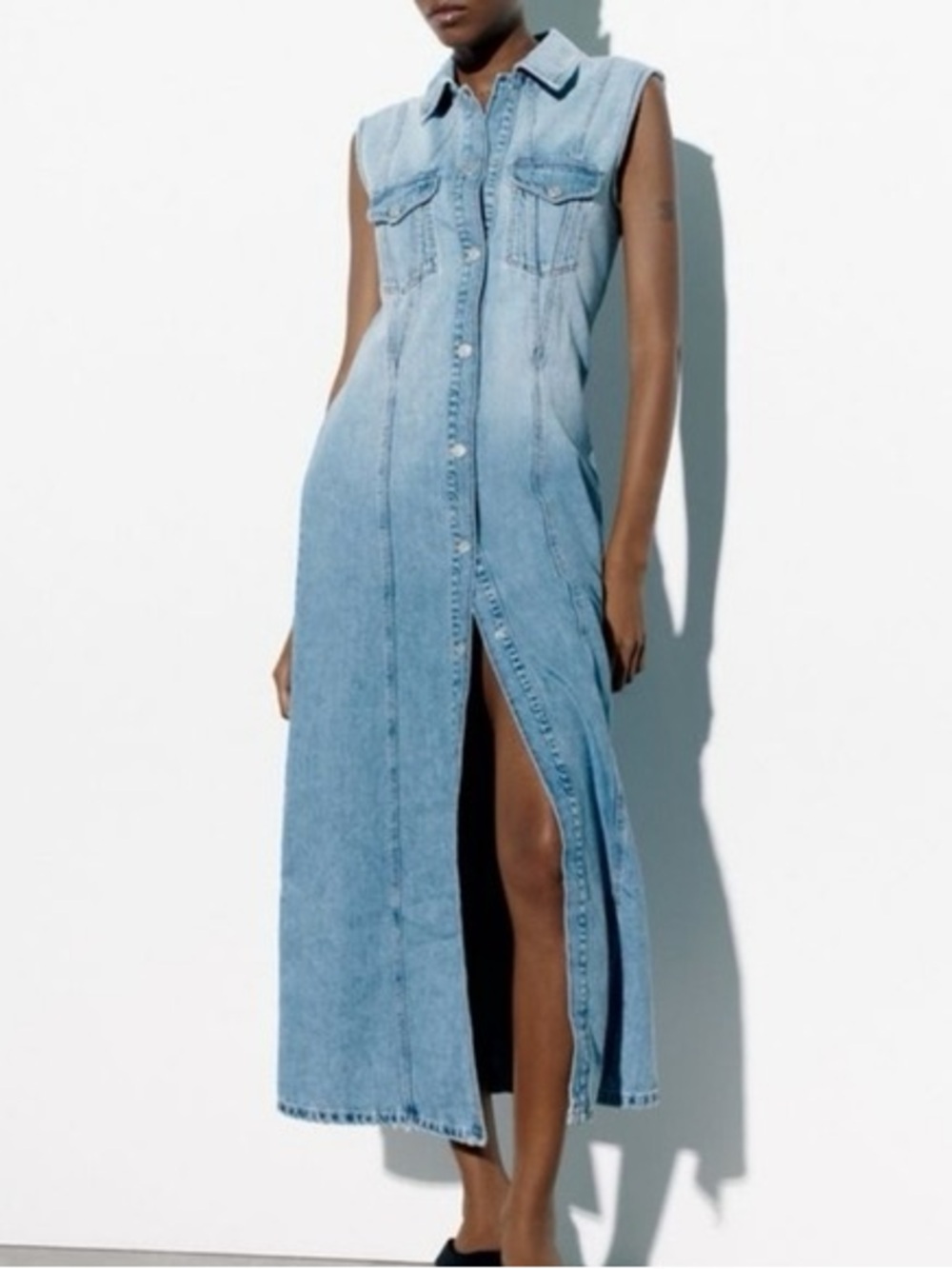 Zara Sleeveless Light Blue Denim Maxi Shirt Dress